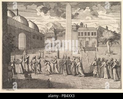 Procession through the Hippodrome, Constantinople (Aubry de La Mottraye's 'Travels throughout Europe, Asia and into Part of Africa...,'  London, 1724, vol. I, plate 15). Artist: After Jean Baptiste Vanmour (French, Valenciennes 1671-1737 Istanbul). Author: Illustrates Aubry de La Mottraye (French, 1674-1743). Dimensions: sheet: 9 13/16 x 13 7/16 in. (24.9 x 34.1 cm). Etcher: William Hogarth (British, London 1697-1764 London). Date: 1723-24. Museum: Metropolitan Museum of Art, New York, USA. Stock Photo