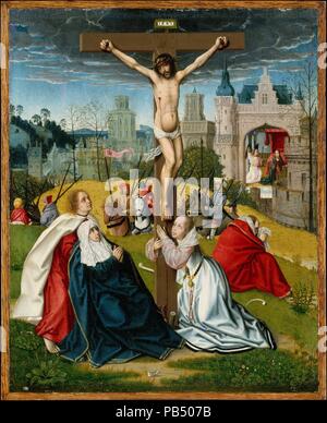 The Crucifixion. Artist: Attributed to Jan Provost (Netherlandish, Mons (Bergen) ca. 1465-1529 Bruges). Dimensions: Overall 13 1/8 x 10 3/4 in. (33.3 x 27.3 cm); painted surface 12 5/8 x 10 1/4 in. (32.1 x 26 cm). Date: ca. 1495.  This exquisite private devotional painting contrasts Mary's joy at the Annunciation, shown in the background, with her sorrow at the Crucifixion, where she swoons in John's arms. The darkened sky heightens the poignancy of the Passion scene. Scattered around the cross are bones, referring to the belief that Adam's skull was located on Golgotha. The pairing of the Ann Stock Photo