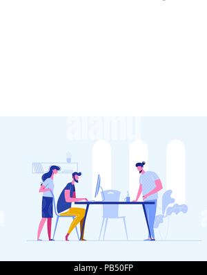 Vector concept of creative teamwork building bisiness online in one openspace. Sturtup work.Meeting business people. Discussion of the company's business strategy. Vector illustration in a flat style Stock Vector