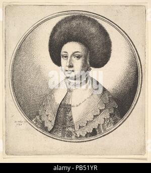 Woman with large circular fur hat and earrings. Artist: Wenceslaus Hollar (Bohemian, Prague 1607-1677 London). Dimensions: Plate: 4 × 3 3/4 in. (10.2 × 9.6 cm). Series/Portfolio: Women's heads framed in roundels  Thirteen plates. Date: 1645.  A woman shown bust-length, directed left; wearing a fur cap, earrings, shoulder wrap with double lace border, fastened with brooch, over brocaded gown, with a chain showing beneath the wrap. Museum: Metropolitan Museum of Art, New York, USA. Stock Photo