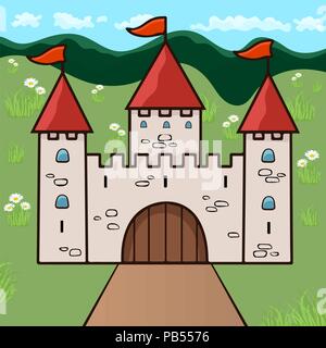 Castle cartoon drawing, vector illustration. Stone beige drawn palace with three towers with gates, red domes and flags against a background of green  Stock Vector