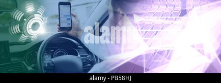 Man driving in car with heads up display interface on phone and transition Stock Photo