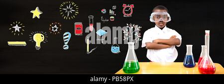 School boy scientist and Education drawing on blackboard for school Stock Photo