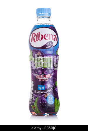 LONDON, UK - JULY 29, 2018: Plastic bottle of Ribena blueberry drink on white background. Stock Photo