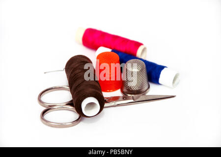 Sewing kit tools with white background Stock Photo