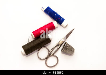 Sewing kit tools with white background Stock Photo