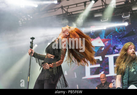 KIEV, UKRAINE - JULY 04, 2018: Dutch symphonic metal rock band Epica and Simone Simons lead singer and frontwoman performs live at the Atlas Weekend F Stock Photo