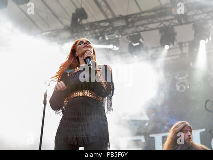 KIEV, UKRAINE - JULY 04, 2018: Dutch symphonic metal rock band Epica and Simone Simons lead singer and frontwoman performs live at the Atlas Weekend F Stock Photo