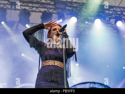 KIEV, UKRAINE - JULY 04, 2018: Dutch symphonic metal rock band Epica and Simone Simons lead singer and frontwoman performs live at the Atlas Weekend F Stock Photo