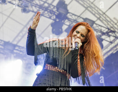 KIEV, UKRAINE - JULY 04, 2018: Dutch symphonic metal rock band Epica and Simone Simons lead singer and frontwoman performs live at the Atlas Weekend F Stock Photo