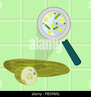 Contaminated cucumber. Microorganisms, virus and bacteria in the rotten and spoiled cucumber enlarged by a magnifying glass. Tiles in the background. Stock Vector