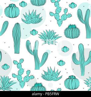 Hand drawn succulent ornament. Vector illustration. Seamless pattern with cactus, agave, and opuntia. Vector illustration of a cactus isolated on a wh Stock Vector