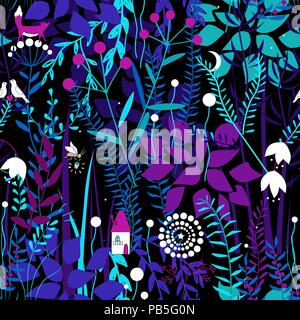 Vector seamless pattern with night forest plants, and fairy house. Fairy doodle fantasy plants. Stock Vector