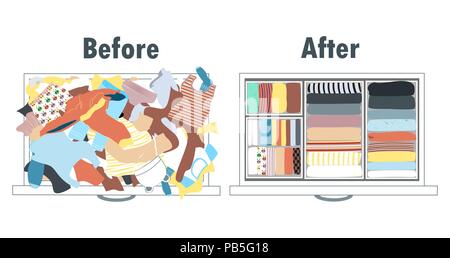 Before and after tidying up kids wardrobe in drawer. Messy clothes and nicely arranged clothes in boxes inside the drawer. Vector illustration. Cleani Stock Vector