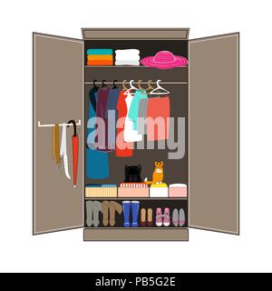 Open closet with tidy clothes, shirts, sweaters, and shoes. Most of clothes is carefully folded in shoeboxes and nicely arranged. Flat design vector i Stock Vector