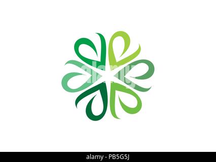 circle green leaves logo, ecological herb botany symbol, natural green leaf letters E icon vector design Stock Vector