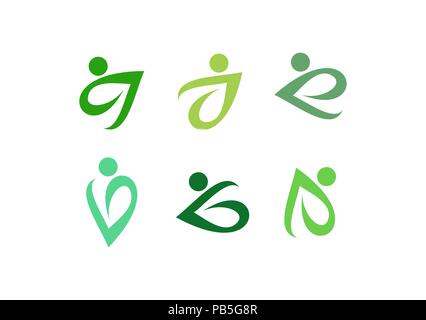 green people leaves  logo, set of natural green leaf people letters ecological logo, nature people leaves letter E symbol icon vector design Stock Vector