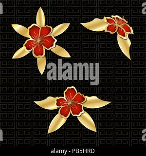 Gold red flowers on dark background. Vector illustration. Stock Vector