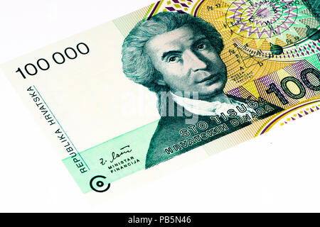 100000 Hrvatski dinar bank note. Croatian dinar is the former currency of Croatia Stock Photo