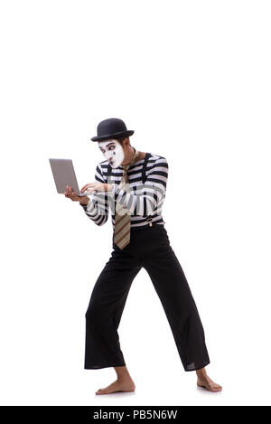 Mime with laptop isolated on white background Stock Photo