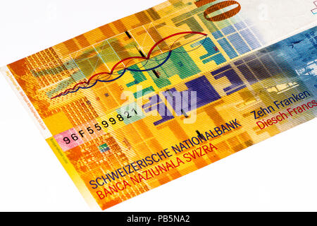 10 Suisse francs bank note. Suisse franc is the national currency of Switzerland Stock Photo