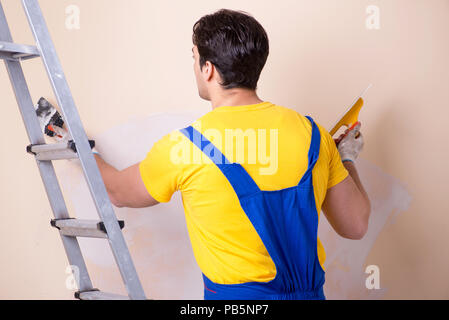 Young contractor employee applying plaster on wall Stock Photo