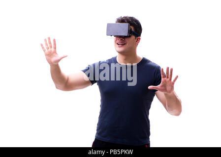 Man playing with virtual reality glasses on white background Stock Photo