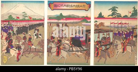 View of a Military Review Parade at Aoyama. Artist: Utagawa Kunisada II (Japanese, 1823-1880). Culture: Japan. Dimensions: Triptych 13 3/4 x 27 3/4 in. (35 x 70.5 cm). Date: Feb. 1889 (Meiji 22). Museum: Metropolitan Museum of Art, New York, USA. Stock Photo