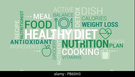 Healthy eating, nutrition and diet tag cloud with icons and concepts Stock Vector