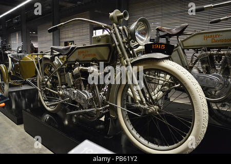 A 1915 bike on display in the motorcycle gallery at the Harley Davidson Museum in Milwaukee Wisconsin. Stock Photo