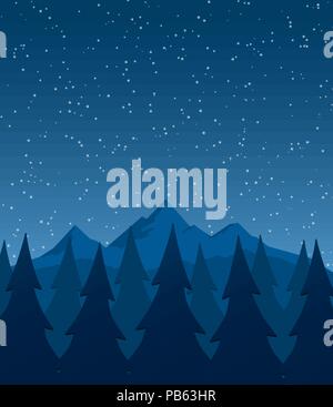 landscape with mountains, trees and starful night sky - Background - Flat Design Stock Vector