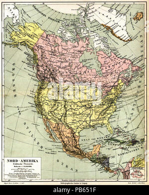 . Deutsch: Karte „Nord-Amerika, Politische Übersicht“ (1 : 35 000 000) zum Artikel „Amerika“, unten rechts zum Vergleich: „Süddeutschland im Maßstab der Hauptkarte“ English: Meyers Konversationslexikon — Vol. 1 — map to page 457 — North America, Political Overview . from 1885 until 1890 1023 Meyers b1 s0457d Stock Photo