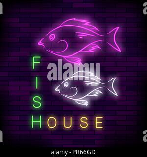 Colorful Neon Fish House Sign Stock Vector