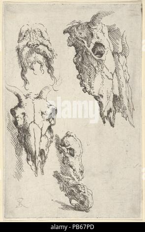 Three ox skulls, two horse skulls, and a grotesque head, study for 'Democritus in Meditation'. Artist: Salvator Rosa (Italian, Arenella (Naples) 1615-1673 Rome). Dimensions: Sheet: 5 9/16 × 3 9/16 in. (14.2 × 9.1 cm). Date: 1662. Museum: Metropolitan Museum of Art, New York, USA. Stock Photo