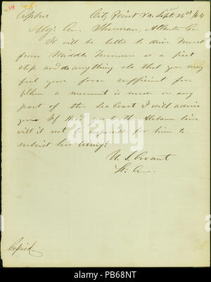 913 Letter signed U.S. Grant, City Point, Va., to Maj. Gen. Sherman (William T. Sherman), Atlanta, Ga., September 26, 1864 Stock Photo