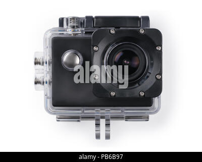 Action camera in water box front view. Isolated on white, clipping path included Stock Photo