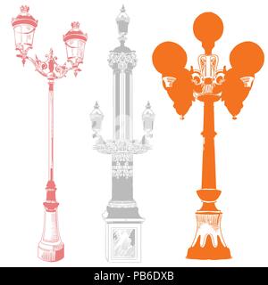 Set of ancient lanterns and decorative element isolated vector hand drawing illustration in different colors on white background. Part 9 Stock Vector