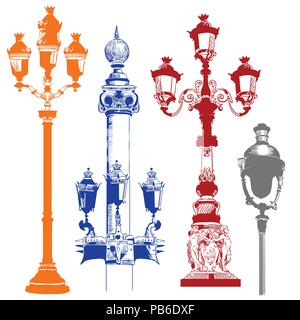 Set of ancient lanterns and decorative element isolated vector hand drawing illustration in different colors on white background. Part 8 Stock Vector