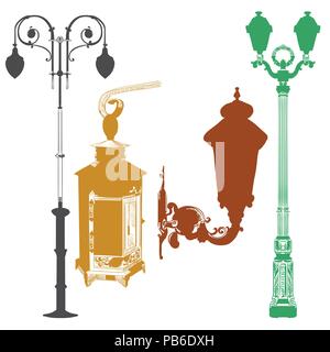 Set of ancient lanterns and decorative element isolated vector hand drawing illustration in different colors on white background. Part 10 Stock Vector