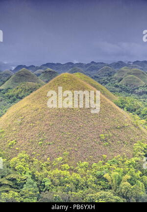 Chocolate Hills geological formation-rolling terrain of haycock hills-conical shaped limestone mounds grass covered-it turns chocolate brown in the dr Stock Photo