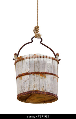 Old decrepit rusty water bucket hanging from a frayed rope, isolated on white background. Stock Photo