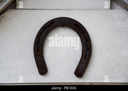 Rusty old horseshoe on painted white wood background - Garden decoration Stock Photo