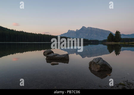 Mount Rundle at sunrise from Two Jack Lake, Banff National Park, Alberta, Canada Stock Photo