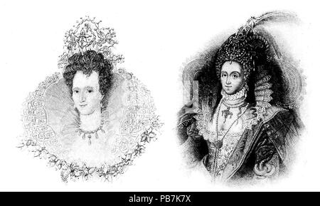 1781 Two Portraits of Queen Elizabeth, Illustrating Wide Ruff and Headress- Elizabethan People (book) Stock Photo