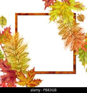 Autumnal Template with Square Shaped Frame and Half Wreaths in the Corners. Watercolor Autumn Leaves Design for Print, Announcement, Cards etc. Stock Photo