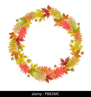 Autumn Leaves Round Wreath Isolated on White Background. Watercolor Botanical Round Frame for Print, Cards, Invitations, POP Display, Announcements. Stock Photo
