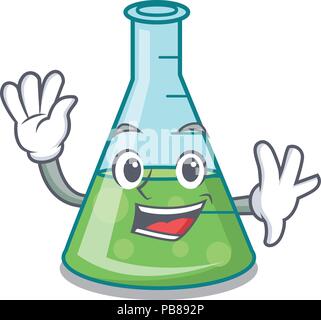 Waving science beaker character cartoon Stock Vector