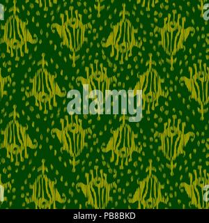 Ikat seamless bohemian ethnic green vector pattern in watercolour style. Watercolor ikat oriental ornaments. Stock Vector