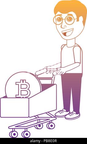 cartoon man with shopping cart with bitcoin coin over white background, vector illustration Stock Vector