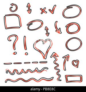 Vector cartoon hand drawn arrows and circles icon set in comic style. Pencil sketch sign illustration pictogram. Arrow, heart, infographic document bu Stock Vector